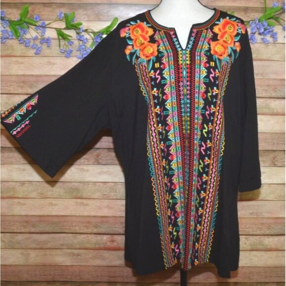 Caleooa Black Boho Embroidered Floral Pullover Blouse Top Plus Size 3X Tunic - Picture 5 of 11
